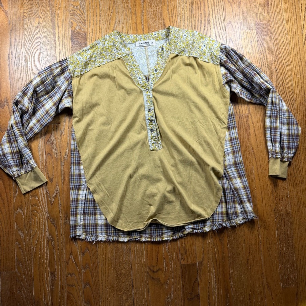 Three Bird Nest Mixed Media Plaid Floral Shirt Top M Mustard Yellow Boho Hippie